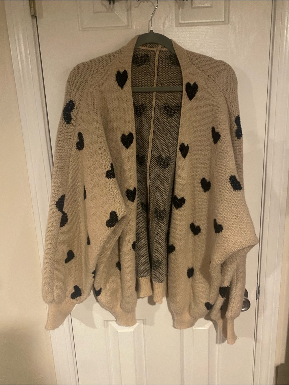 Cozy Beige Heart-Print Open Cardigan Sweater